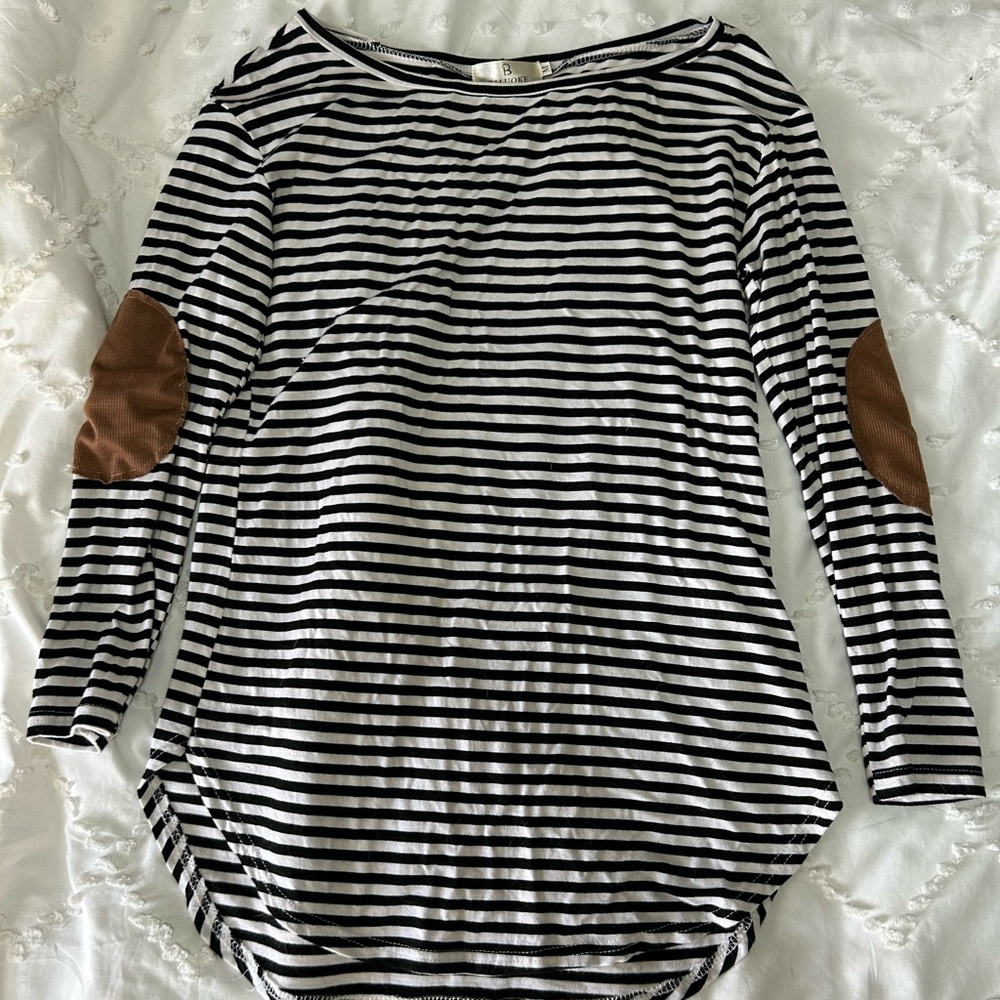 Striped Black and White Women's Top with Elbow Patches